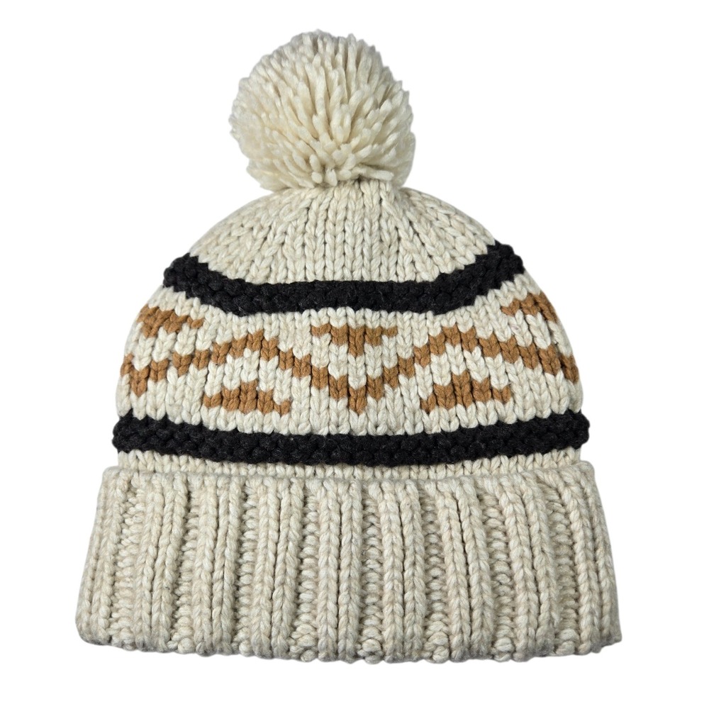 Universal Thread Cream Fair Isle Chunky Knit Pom Beanie Hat Brown Black Stripe